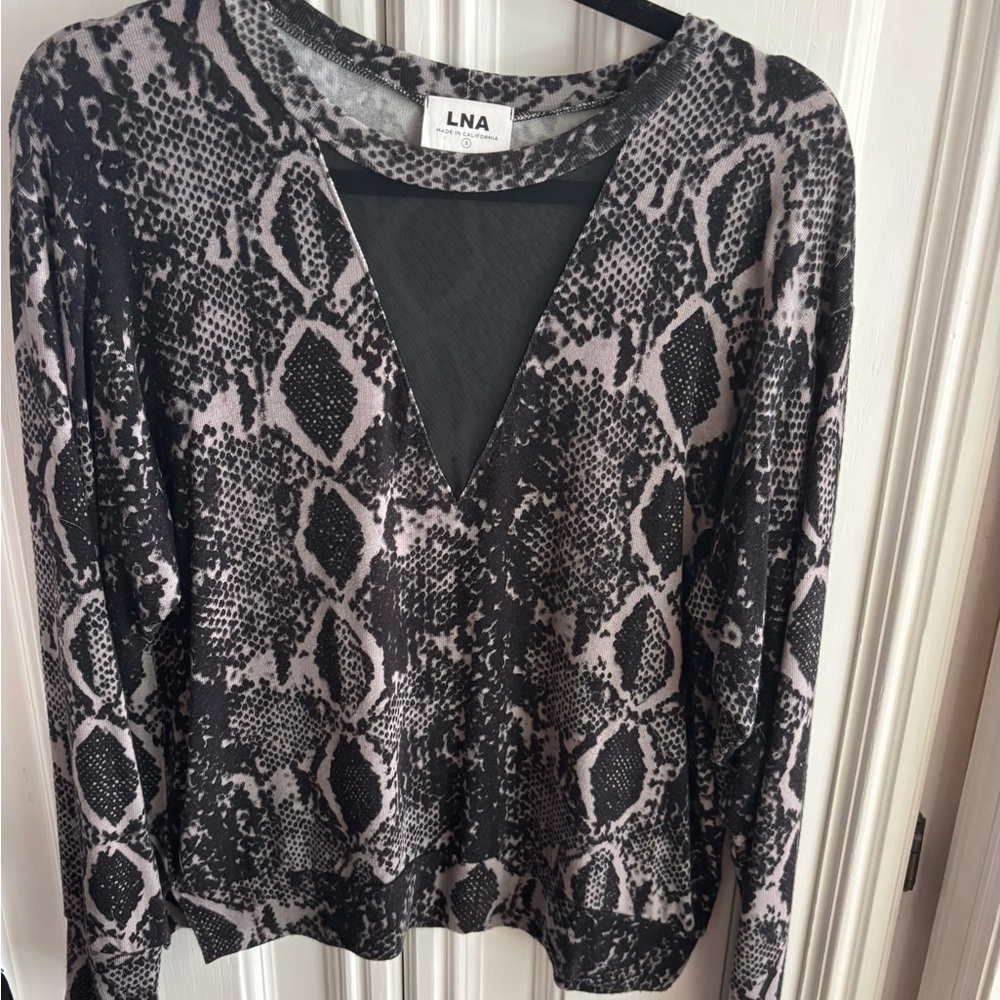 LNA Black Cut Out Blouse with Snakeskin Print